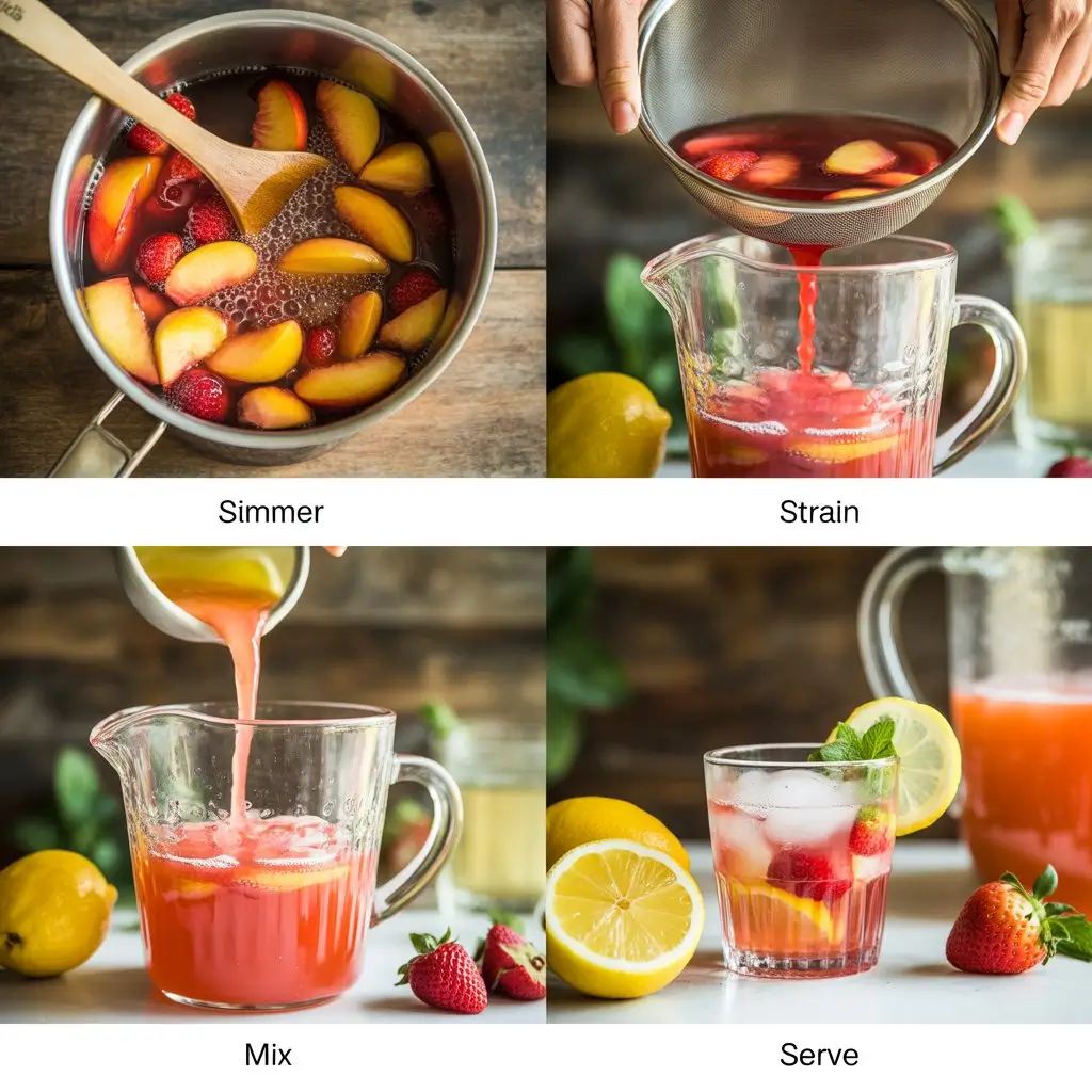 "Three ways to serve Peach Strawberry Lemonade: mason jar, wine glass, and pitcher with garnishes at summer BBQ setting."