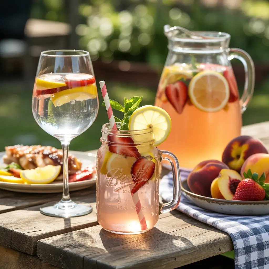 "Three ways to serve Peach Strawberry Lemonade: mason jar, wine glass, and pitcher with garnishes at summer BBQ setting."