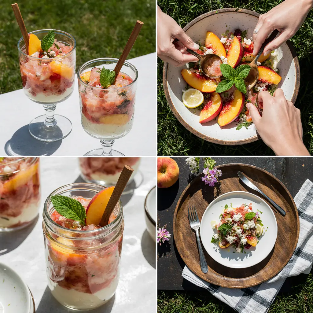 Peach watermelon salad served in elegant glass bowls with mint garnish for summer entertaining