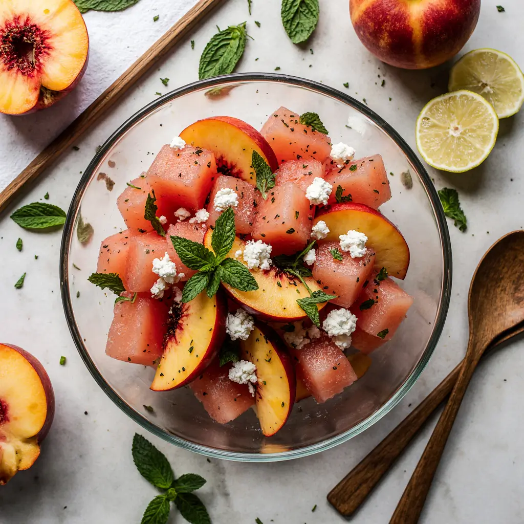 Peach watermelon salad served in elegant glass bowls with mint garnish for summer entertaining