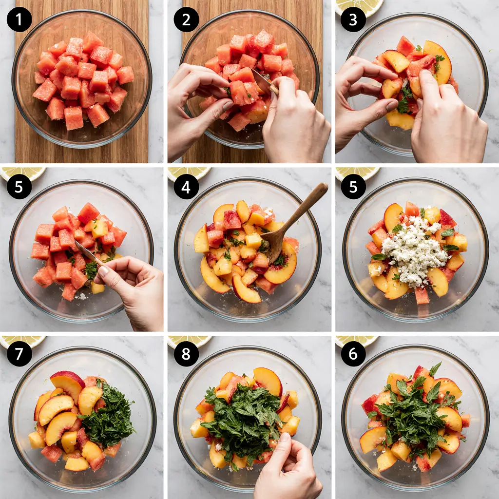 Step-by-step preparation of peach watermelon salad showing cutting watermelon into cubes