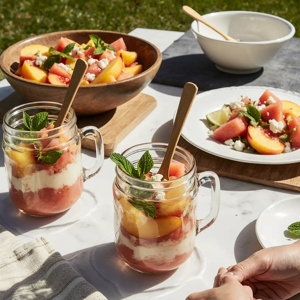 Peach watermelon salad served in elegant glass bowls with mint garnish for summer entertaining