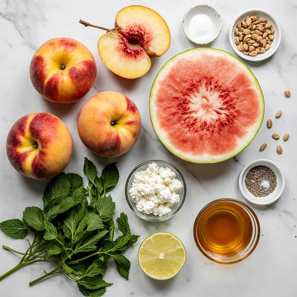 Peach watermelon salad ingredients including fresh peaches, watermelon wedge, mint, lime, feta cheese and honey