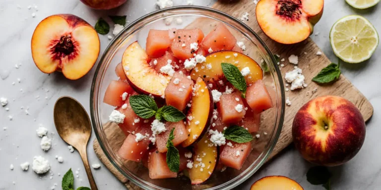 Fresh peach watermelon salad with mint and feta cheese in glass bowl on marble surface
