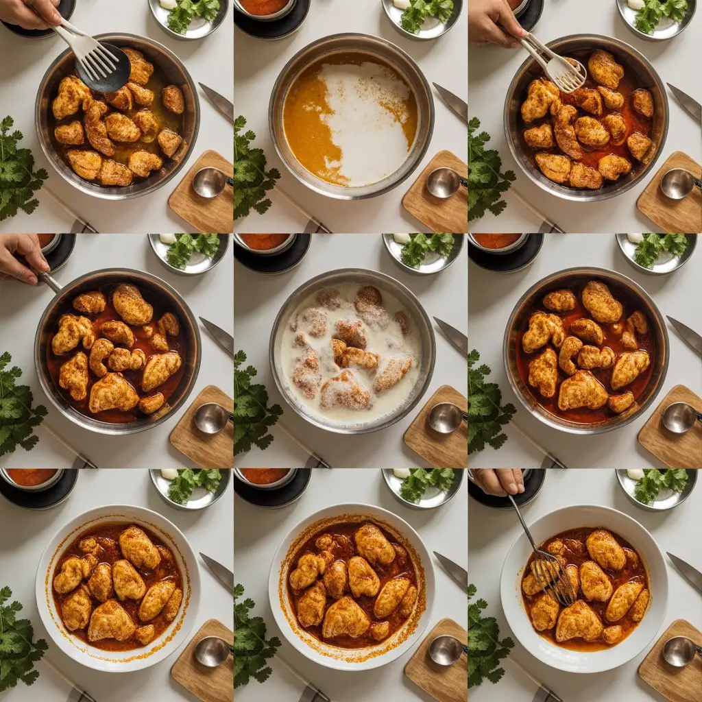 Raw ingredients for spicy Brazilian coconut chicken recipe including chicken pieces coconut milk garlic onions bell peppers spices and fresh herbs arranged on white surface"
