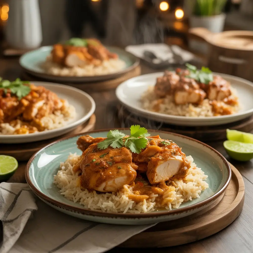 Spicy Brazilian coconut chicken in creamy golden sauce garnished with fresh cilantro and red chili slices served in rustic bowl with lime wedges