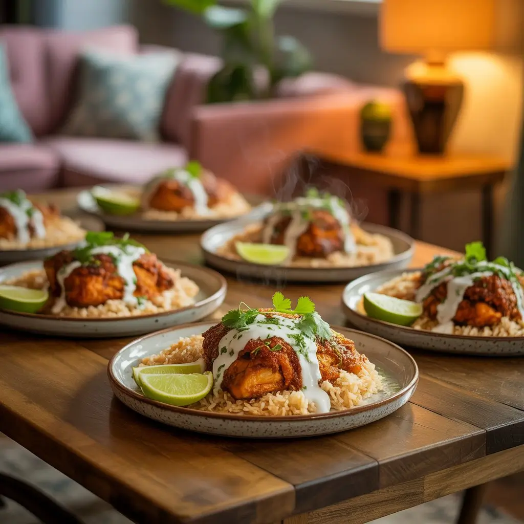 Spicy Brazilian coconut chicken in creamy golden sauce garnished with fresh cilantro and red chili slices served in rustic bowl with lime wedges