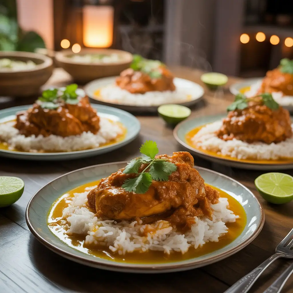 Spicy Brazilian coconut chicken in creamy golden sauce garnished with fresh cilantro and red chili slices served in rustic bowl with lime wedges