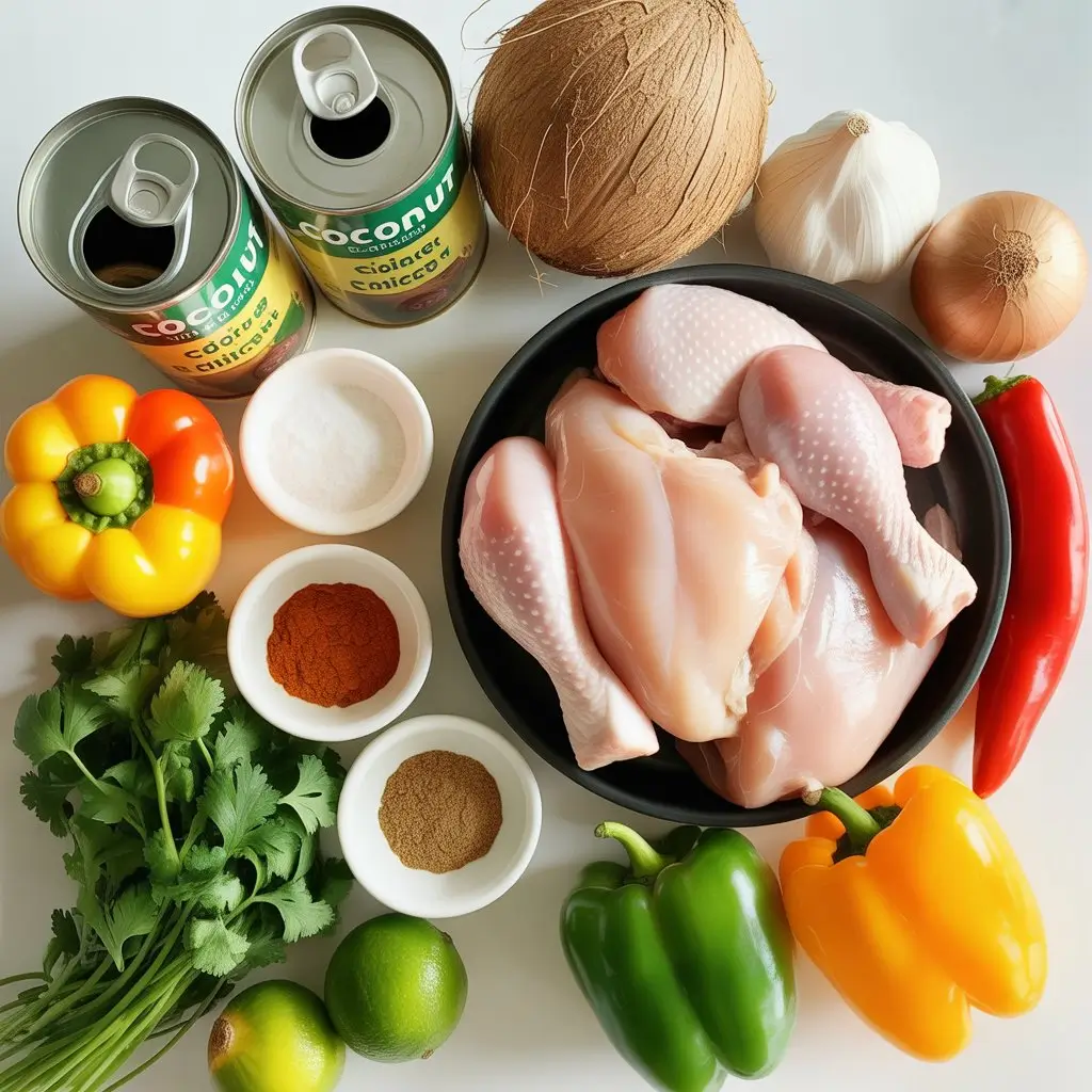 Raw ingredients for spicy Brazilian coconut chicken recipe including chicken pieces coconut milk garlic onions bell peppers spices and fresh herbs arranged on white surface"