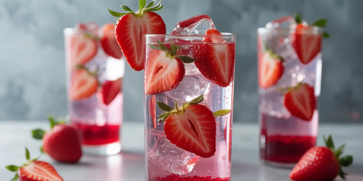 Three tall glasses of strawberry-infused purple soda with ice and fresh strawberry slices on a light background.