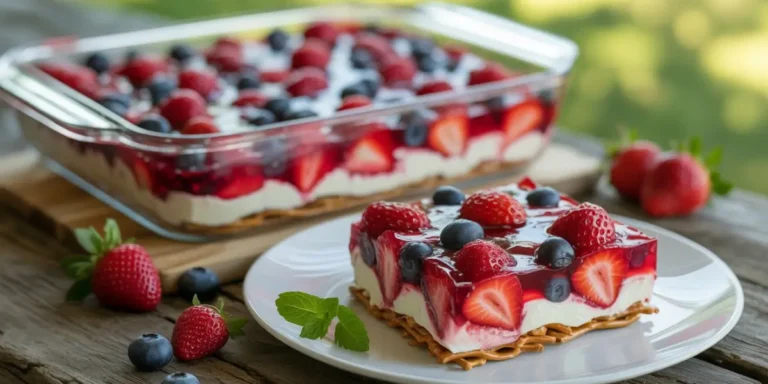 A perfect slice of Summer Berry Jello Lasagna on a white plate, showing its distinct layers of pretzel crust, cream cheese filling, and berry jello topping