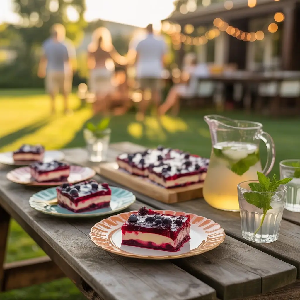 A close-up shot of a slice of no-bake Summer Berry Jello Lasagna, with a crunchy pretzel base, a smooth white cream layer, and a vibrant red jello topping filled with fresh strawberries and blueberries.