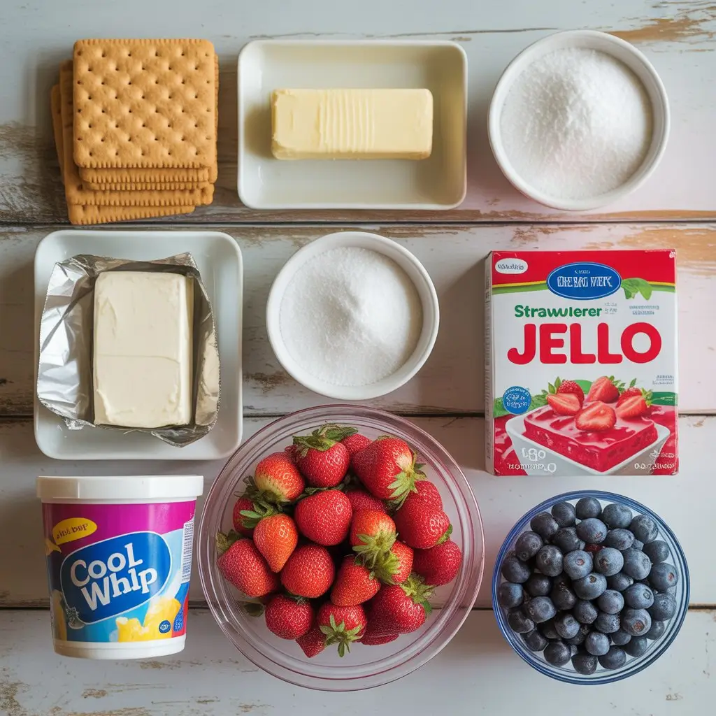 A close-up shot of a slice of no-bake Summer Berry Jello Lasagna, with a crunchy pretzel base, a smooth white cream layer, and a vibrant red jello topping filled with fresh strawberries and blueberries.