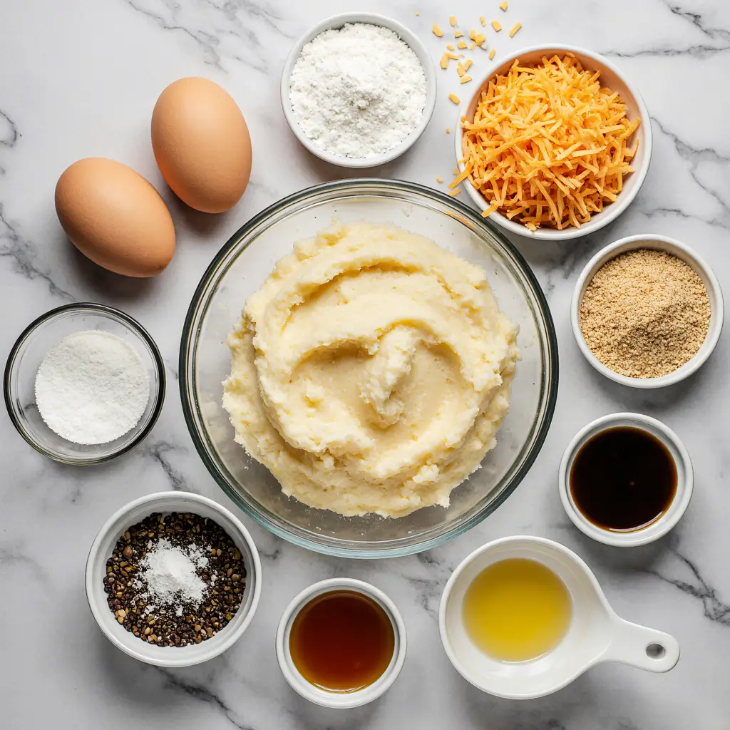 Ingredients for mashed potato cheese puffs recipe laid out including mashed potatoes, eggs, flour, cheddar cheese, breadcrumbs and seasonings
