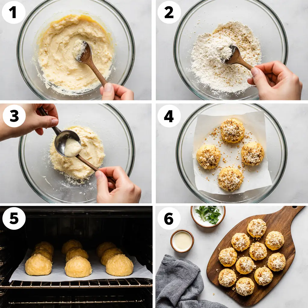 Six step process showing how to make mashed potato cheese puffs from mixing ingredients to final golden baked results