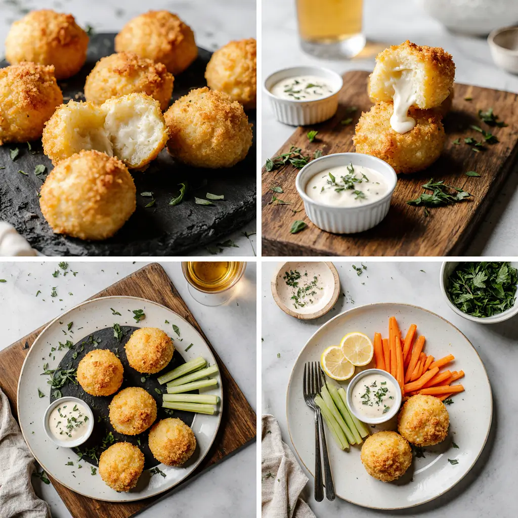Mashed potato cheese puffs served on wooden board with multiple dipping sauces, fresh herbs, and elegant presentation for entertaining