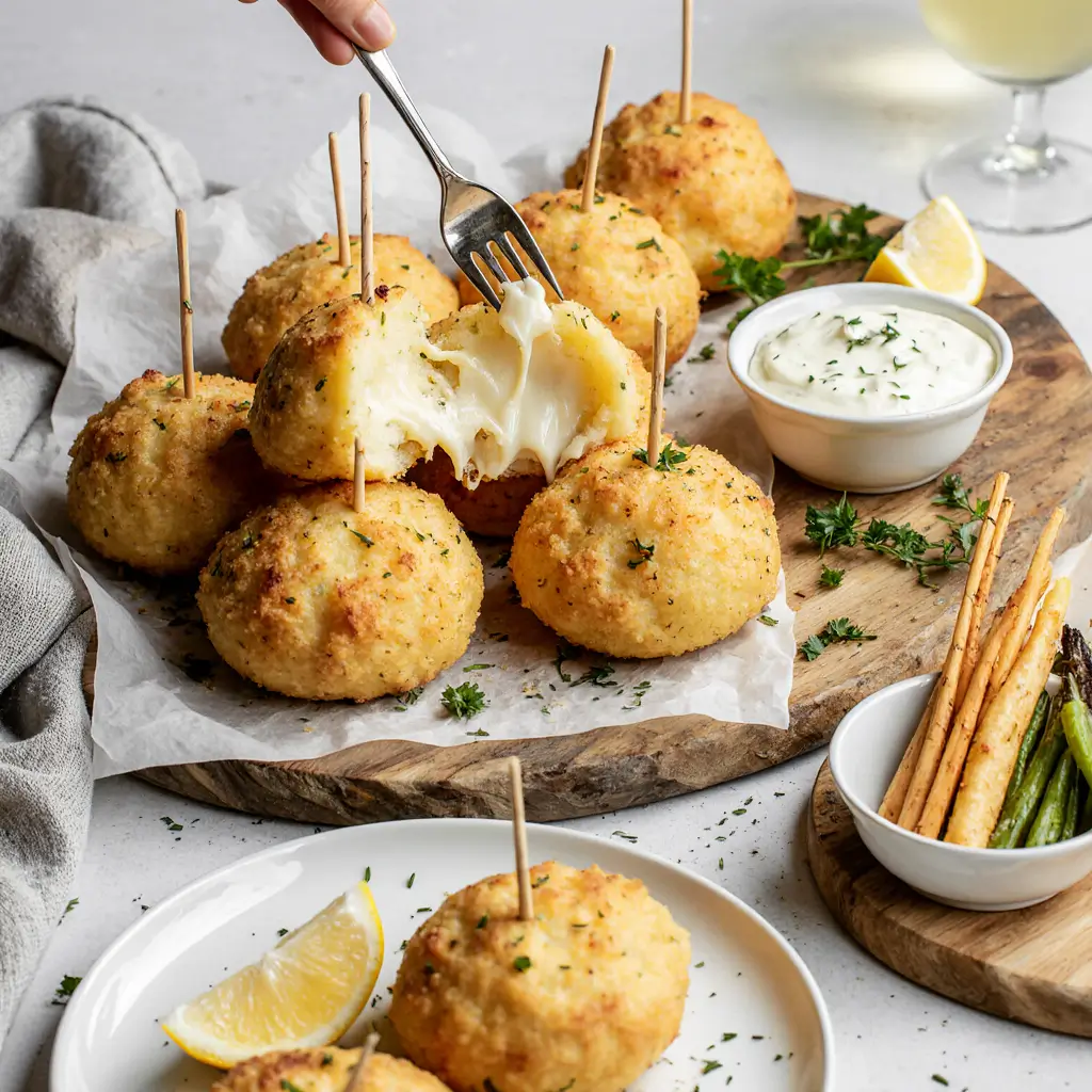 Mashed potato cheese puffs served on wooden board with multiple dipping sauces, fresh herbs, and elegant presentation for entertaining