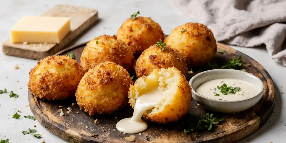 Golden crispy mashed potato cheese puffs on wooden board with melted cheese stretching from broken puff and dipping sauce