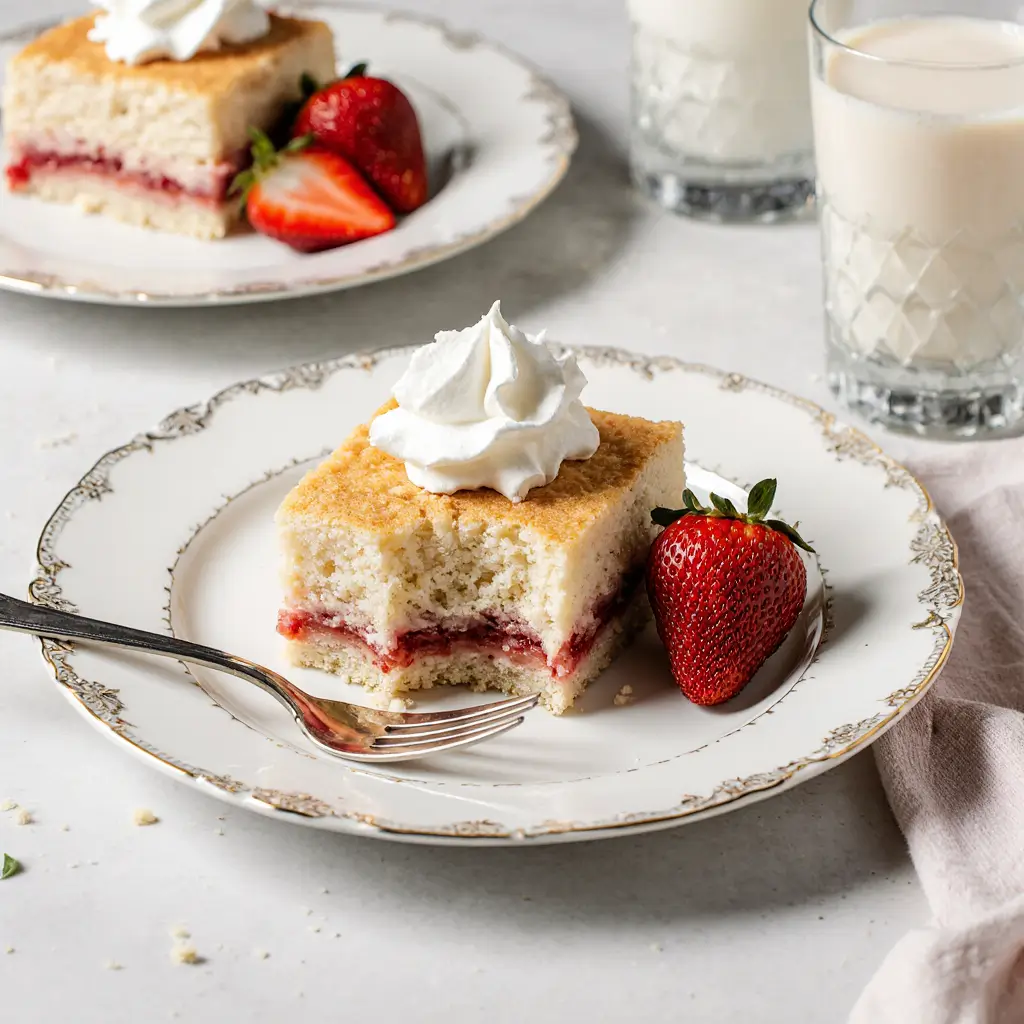 Freshly baked strawberry shortcake bars with golden crumb topping served on white plates with whipped cream and fresh strawberries