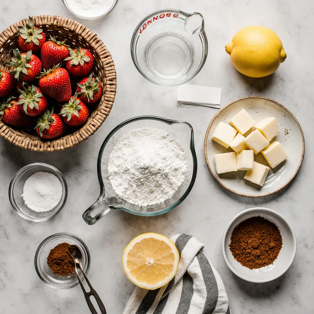 Freshly baked strawberry shortcake bars with golden crumb topping served on white plates with whipped cream and fresh strawberries
