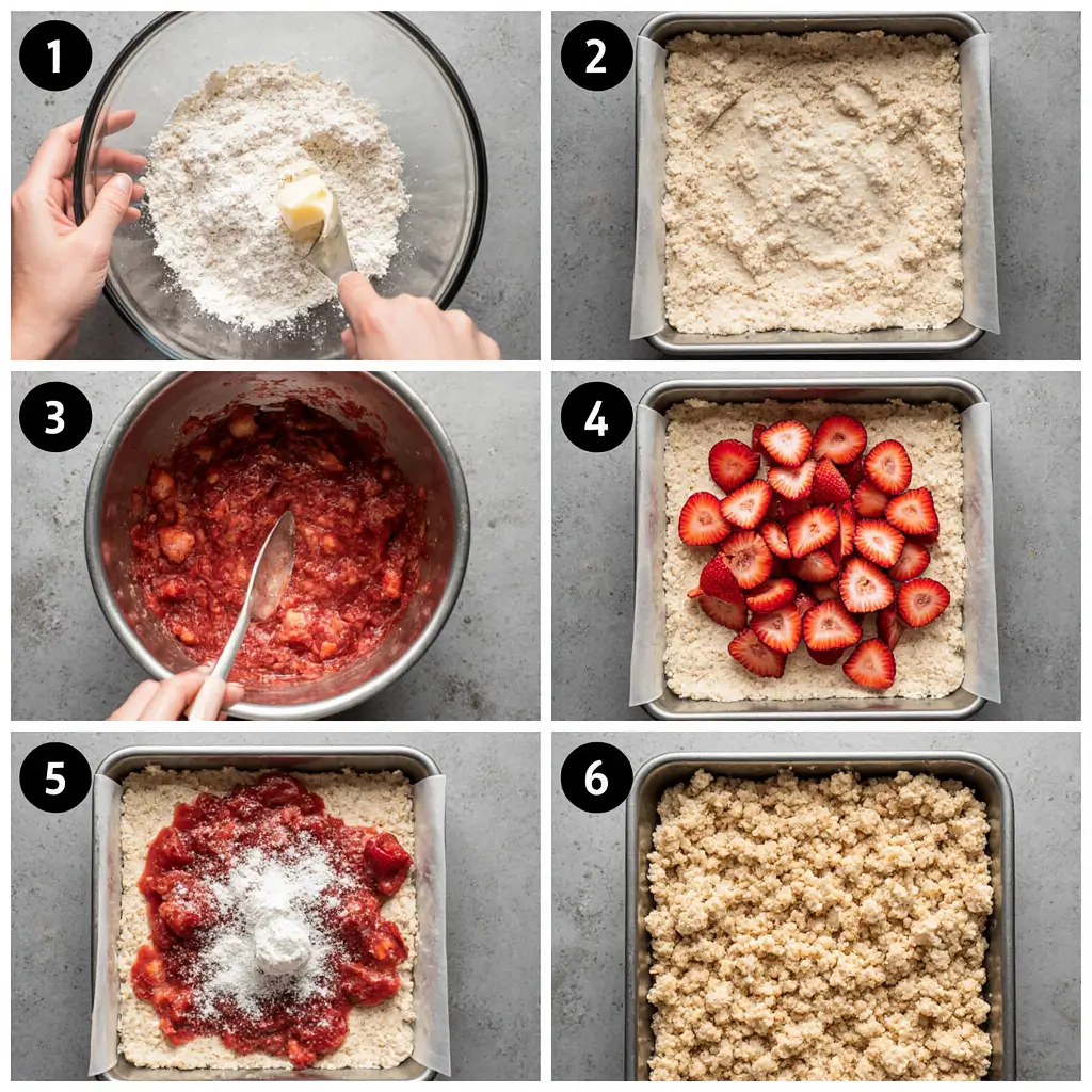 Freshly baked strawberry shortcake bars with golden crumb topping served on white plates with whipped cream and fresh strawberries