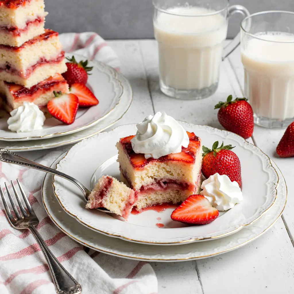 Freshly baked strawberry shortcake bars with golden crumb topping served on white plates with whipped cream and fresh strawberries
