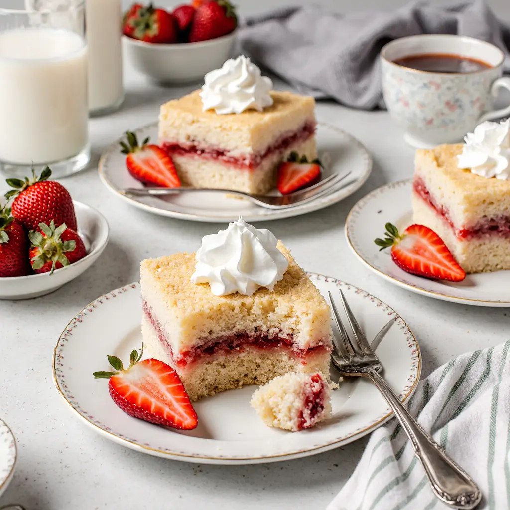 Freshly baked strawberry shortcake bars with golden crumb topping served on white plates with whipped cream and fresh strawberries