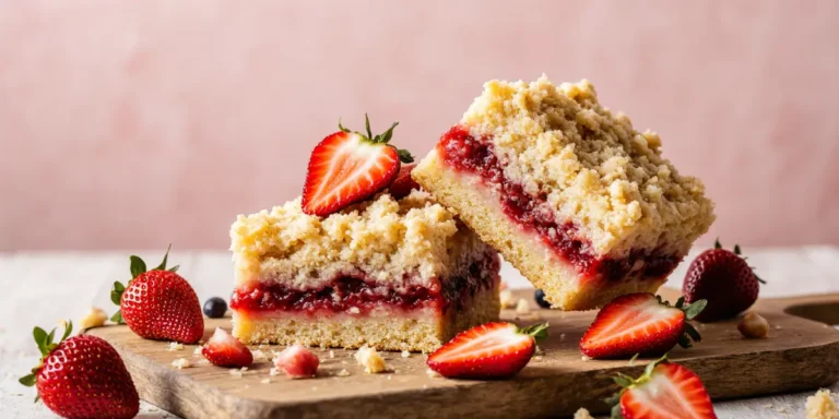 Freshly baked strawberry shortcake bars with golden crumb topping served on white plates with whipped cream and fresh strawberries