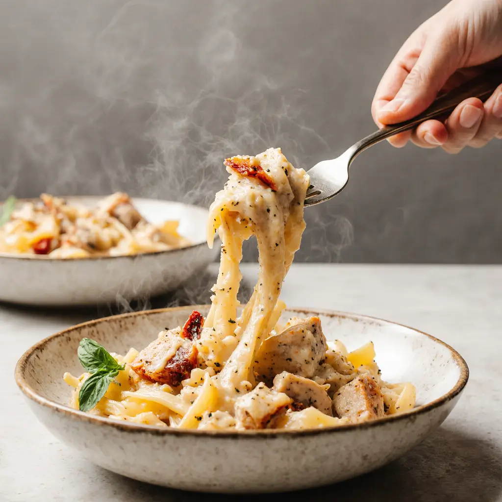 A fork lifting a portion of creamy chicken pasta with parmesan and basil from a rustic white bowl.

