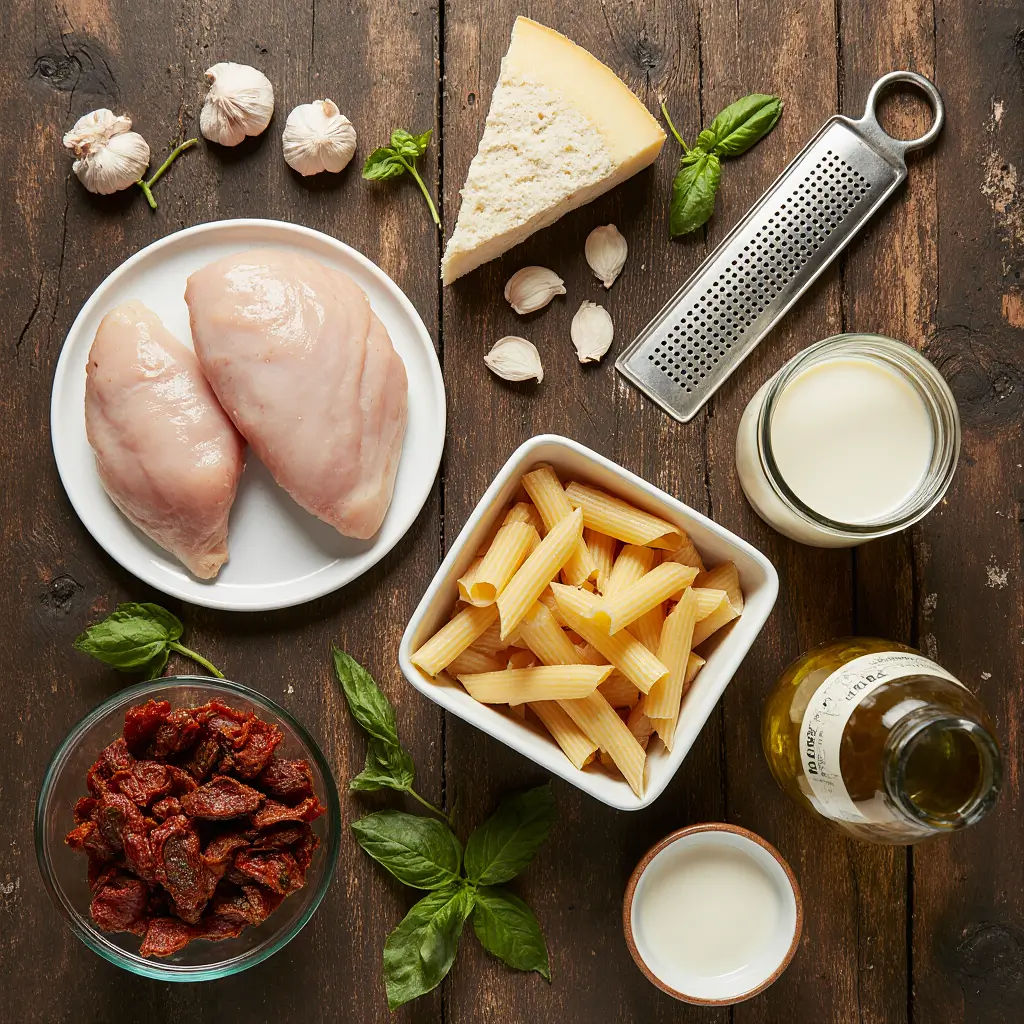 A fork lifting a portion of creamy chicken pasta with parmesan and basil from a rustic white bowl.