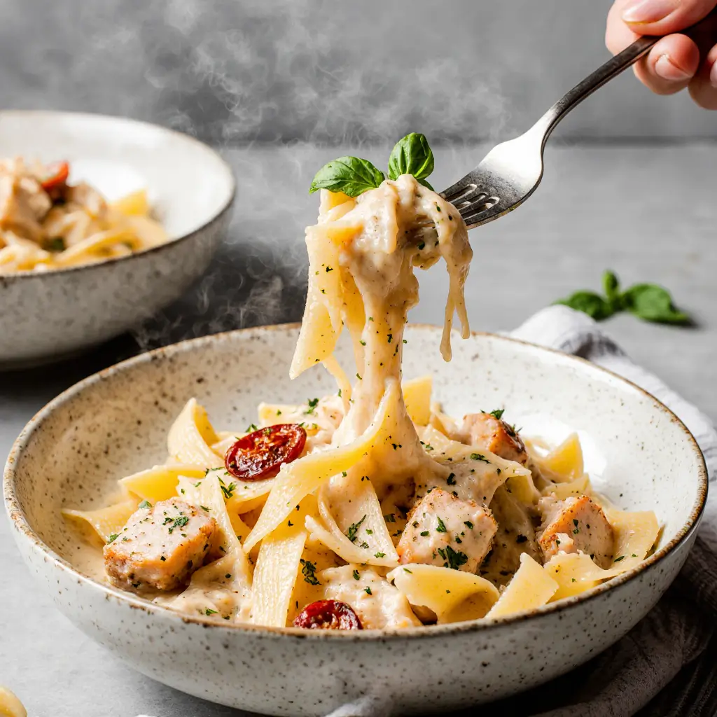 A fork lifting a portion of creamy chicken pasta with parmesan and basil from a rustic white bowl.