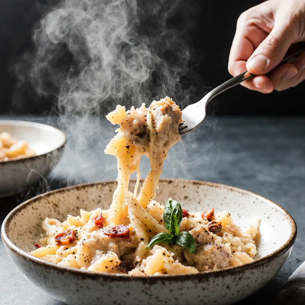 A fork lifting a portion of creamy chicken pasta with parmesan and basil from a rustic white bowl.

