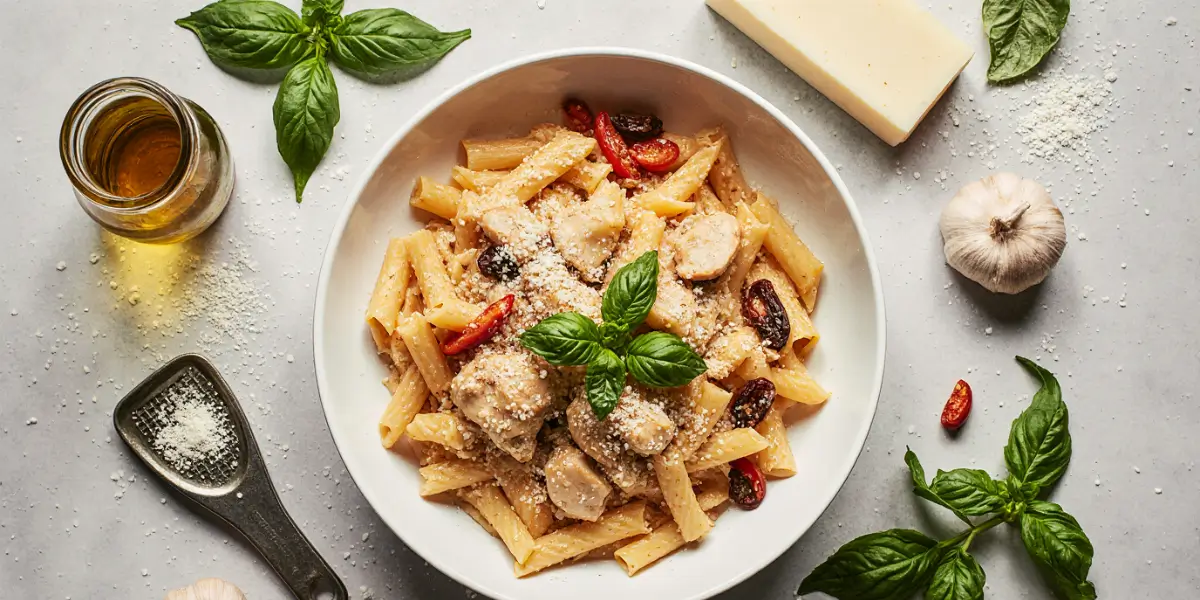 A fork lifting a portion of creamy chicken pasta with parmesan and basil from a rustic white bowl.