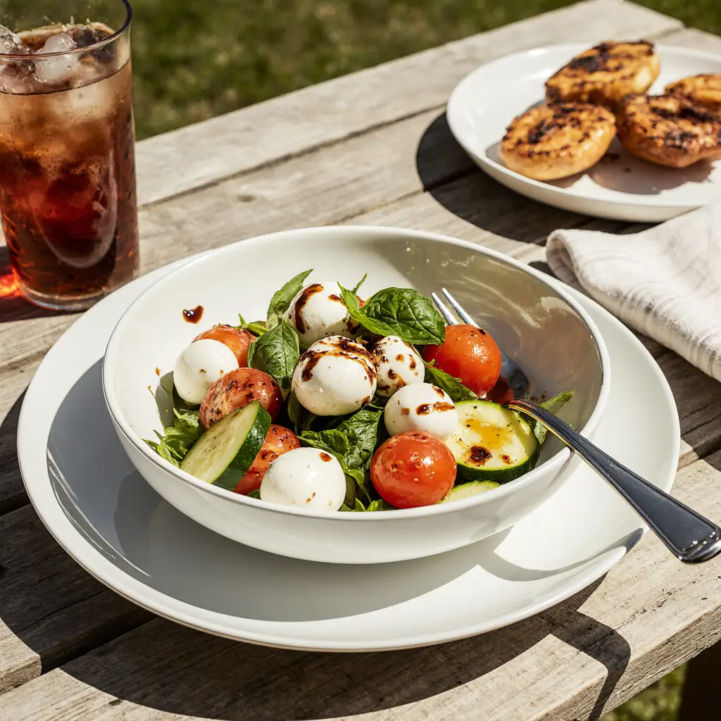A vibrant, overhead shot of a fresh Cucumber Caprese Salad in a white bowl, featuring crisp cucumber, juicy tomatoes, creamy mozzarella, and basil, drizzled with olive oil and balsamic glaze.