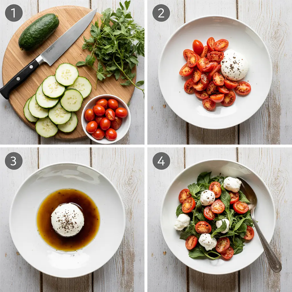 A step-by-step overhead photo showing how to make Cucumber Caprese Salad: from whole ingredients, to prepped in bowls, to layered on a platter, to the final dish drizzled with dressing.