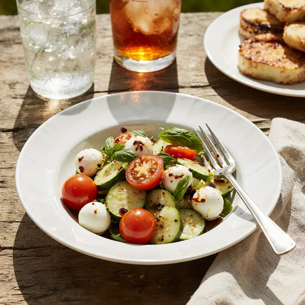 A vibrant, overhead shot of a fresh Cucumber Caprese Salad in a white bowl, featuring crisp cucumber, juicy tomatoes, creamy mozzarella, and basil, drizzled with olive oil and balsamic glaze.