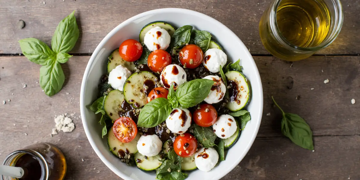 A vibrant, overhead shot of a fresh Cucumber Caprese Salad in a white bowl, featuring crisp cucumber, juicy tomatoes, creamy mozzarella, and basil, drizzled with olive oil and balsamic glaze.