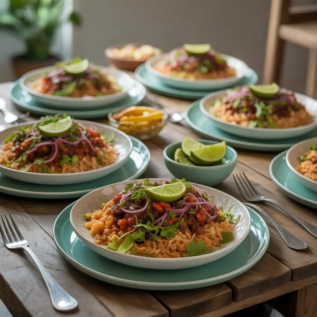 Four taco rice bowls served on wooden table showing different variations with family dining setup and Mexican food presentation