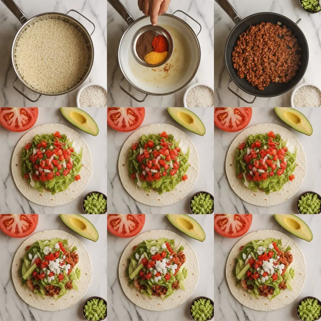 Nine step taco rice bowl cooking process showing rice preparation, meat seasoning, ingredient prep and final assembly in grid layout
