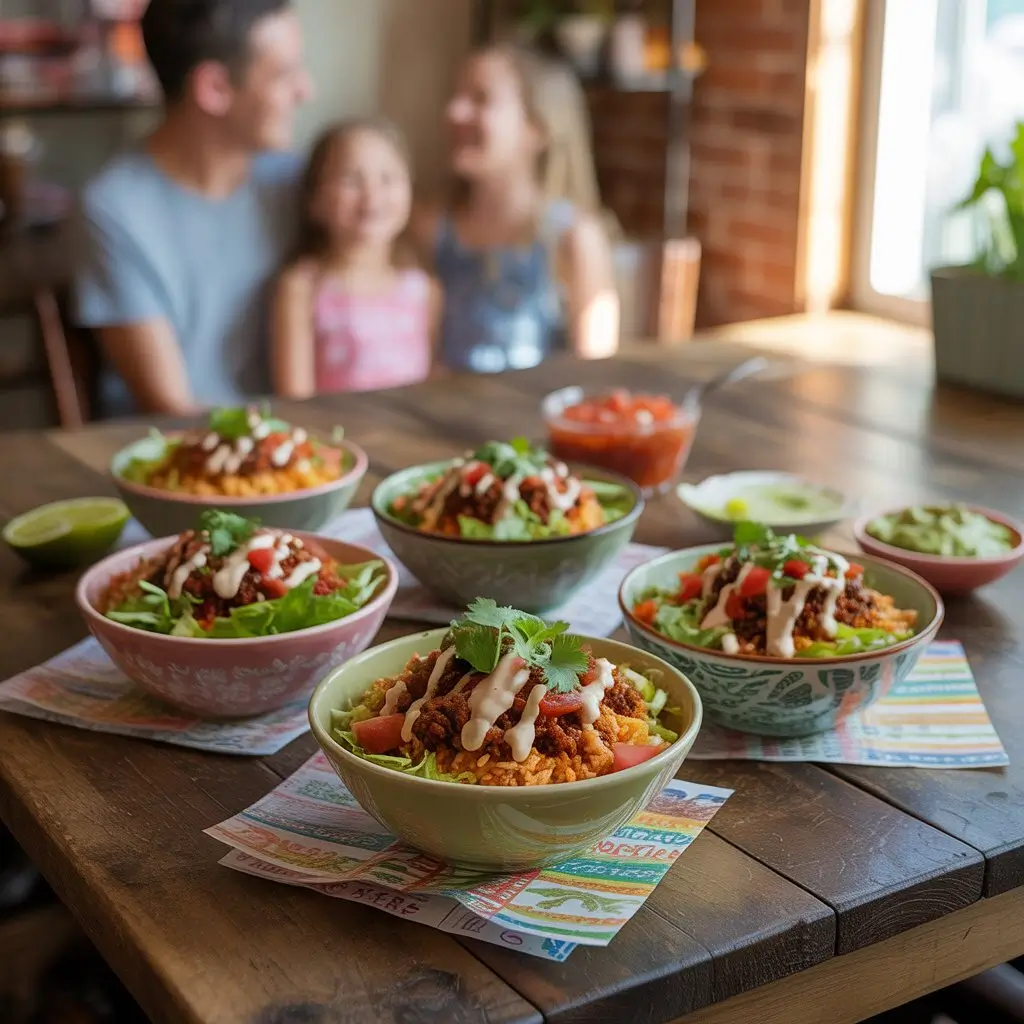 Four taco rice bowls served on wooden table showing different variations with family dining setup and Mexican food presentation