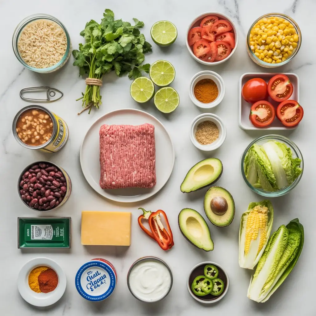 Taco rice bowl ingredients laid out including raw ground beef, rice, black beans, tomatoes, lettuce, avocado, cheese, spices and cilantro