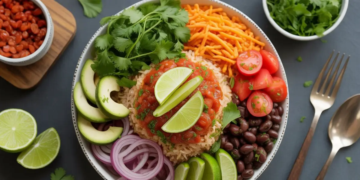 Colorful taco rice bowl with seasoned ground beef, cilantro lime rice, black beans, corn, tomatoes, lettuce, cheese and avocado in white bowl