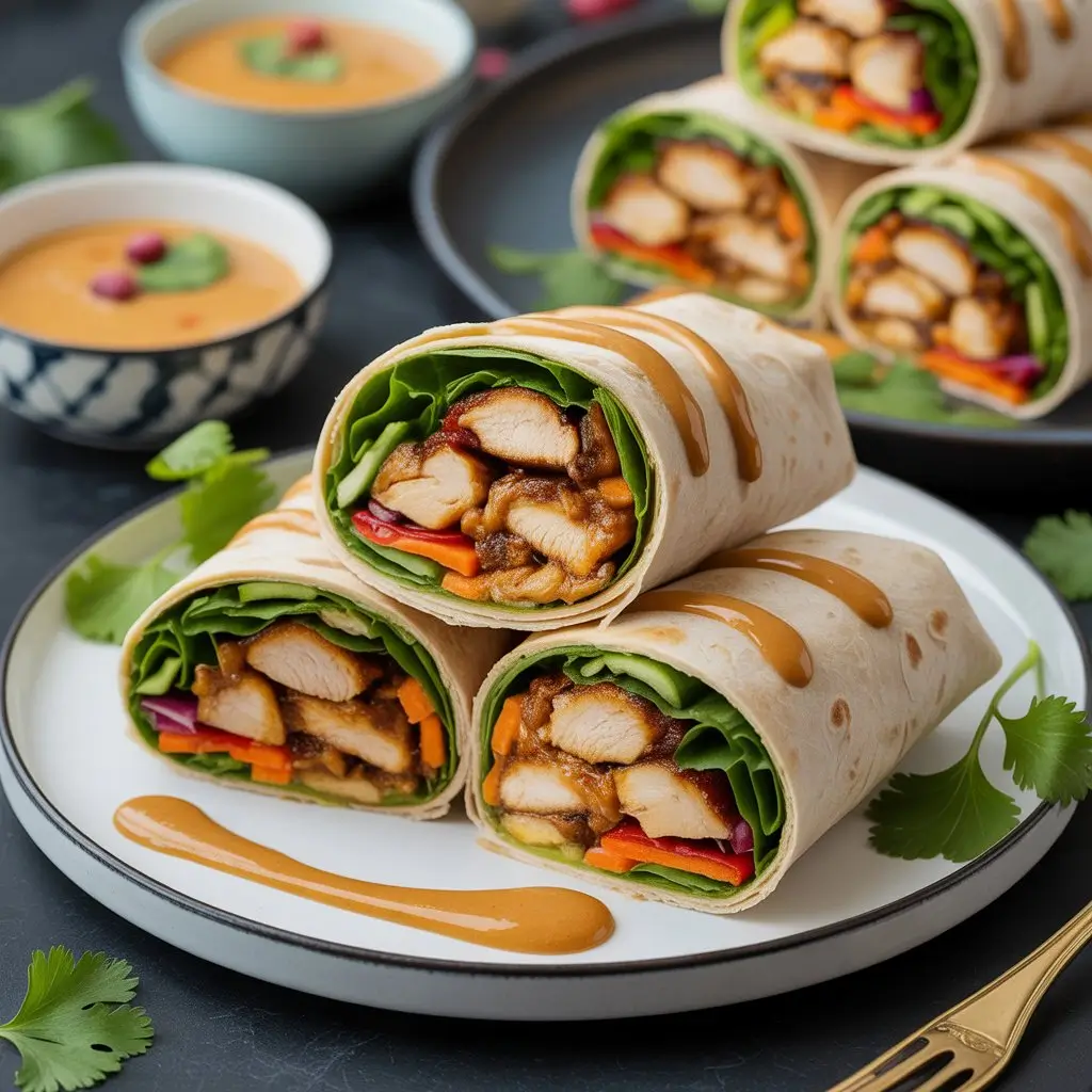 Delicious Thai Peanut Chicken Wraps cut in half showing colorful filling with grilled chicken, creamy peanut sauce, fresh vegetables, and cilantro garnish on white plate
