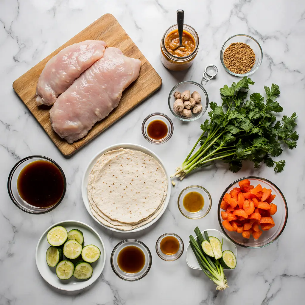 Delicious Thai Peanut Chicken Wraps cut in half showing colorful filling with grilled chicken, creamy peanut sauce, fresh vegetables, and cilantro garnish on white plate