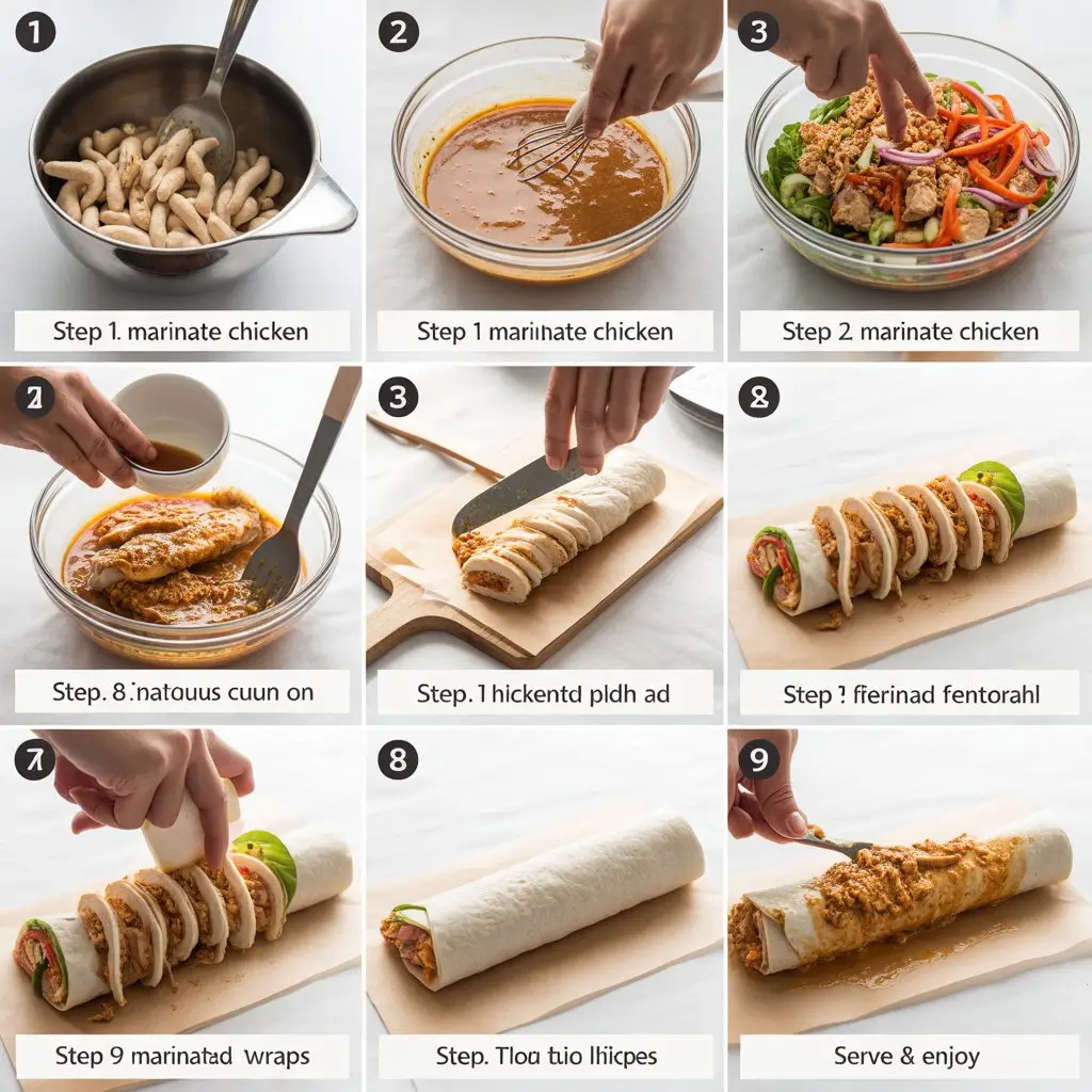 Delicious Thai Peanut Chicken Wraps cut in half showing colorful filling with grilled chicken, creamy peanut sauce, fresh vegetables, and cilantro garnish on white plate