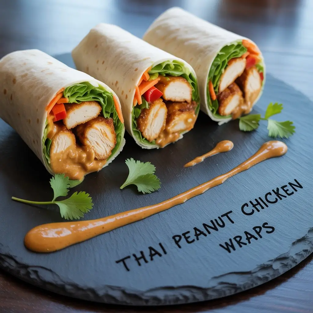 Delicious Thai Peanut Chicken Wraps cut in half showing colorful filling with grilled chicken, creamy peanut sauce, fresh vegetables, and cilantro garnish on white plate