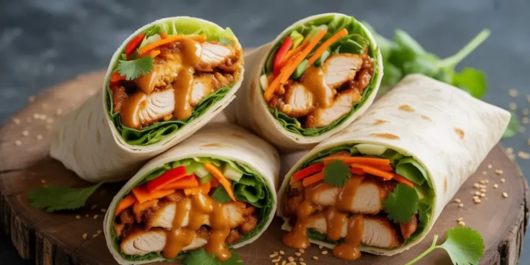 Delicious Thai Peanut Chicken Wraps cut in half showing colorful filling with grilled chicken, creamy peanut sauce, fresh vegetables, and cilantro garnish on white plate