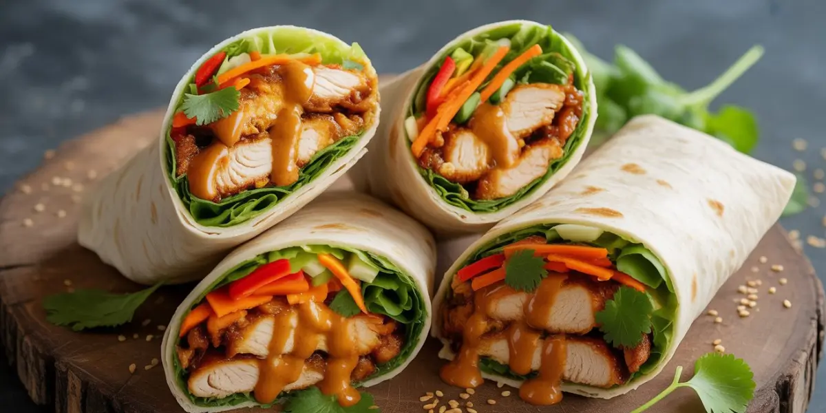 Delicious Thai Peanut Chicken Wraps cut in half showing colorful filling with grilled chicken, creamy peanut sauce, fresh vegetables, and cilantro garnish on white plate