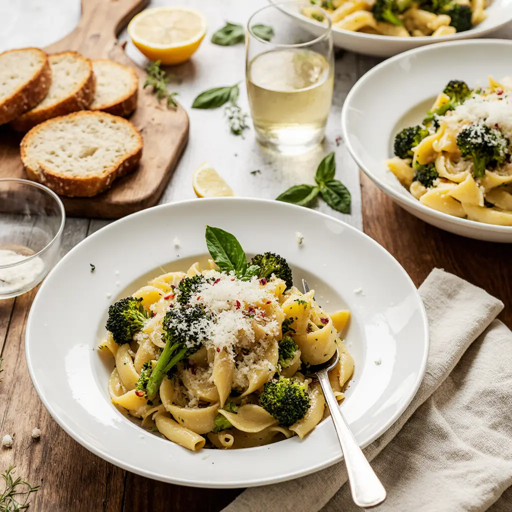 Light broccoli pasta recipe in white bowl with fresh green broccoli florets, penne pasta, olive oil, Parmesan cheese and basil garnish on marble countertop
