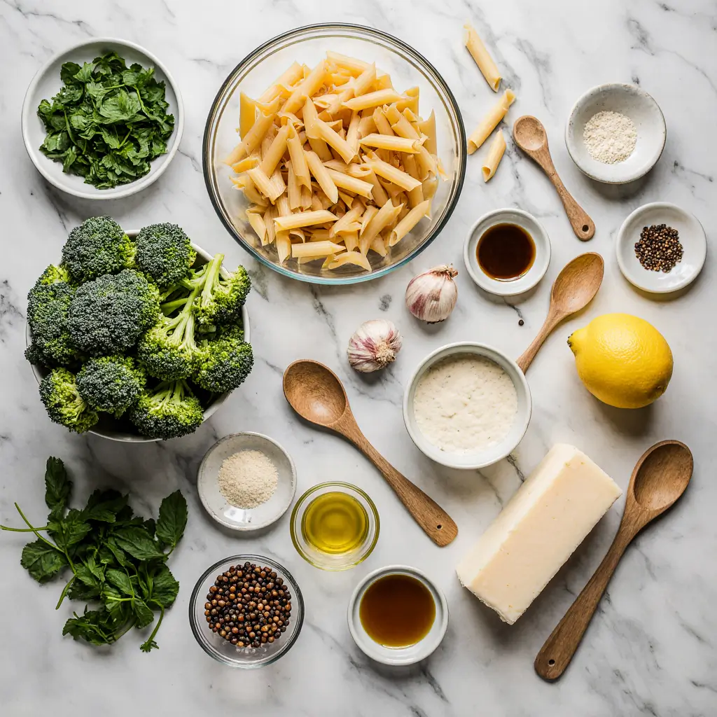 Light broccoli pasta recipe in white bowl with fresh green broccoli florets, penne pasta, olive oil, Parmesan cheese and basil garnish on marble countertop